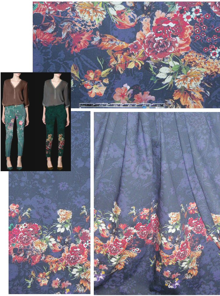 French floral stretch twill panel - blueberry 1.75 yds