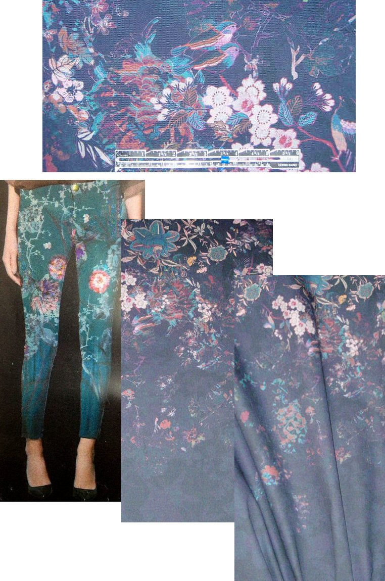 French birds and flowers stretch twill panel - blue 1.2 yds