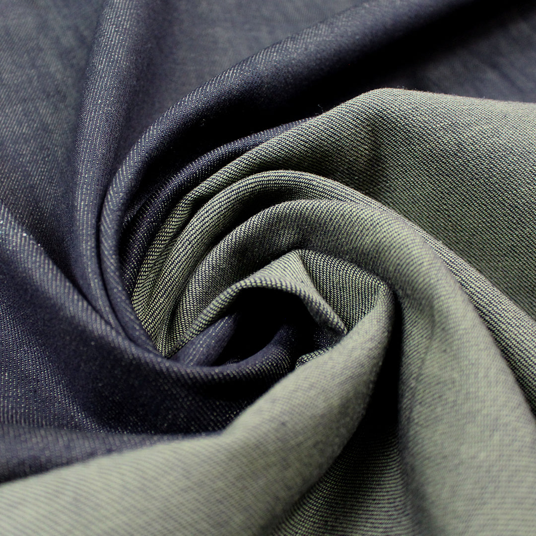 French reversible stretch denim - midnight/olive 1.4 yds