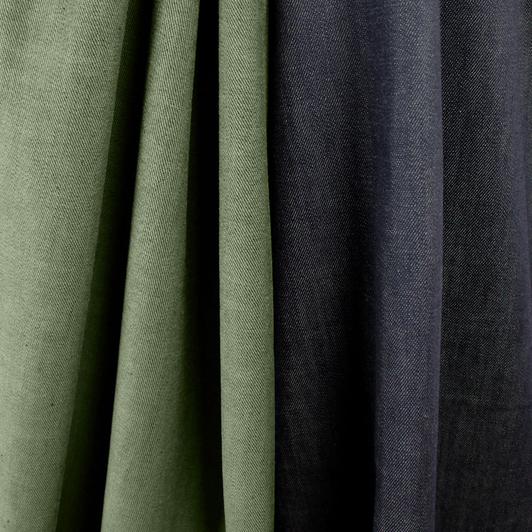 French reversible stretch denim - midnight/olive 1.4 yds