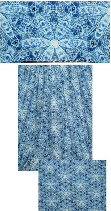 NY designer blue snowflake print stretch denim