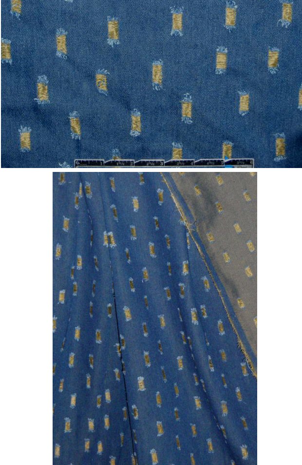 'burnout' cotton blend denim - blue/gold .75 yds