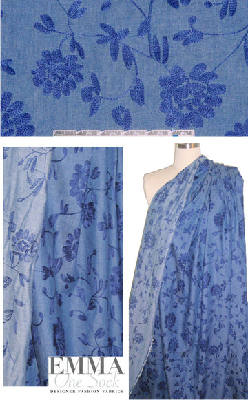blue on blue embroidered lightweight blue denim 1.375 yd