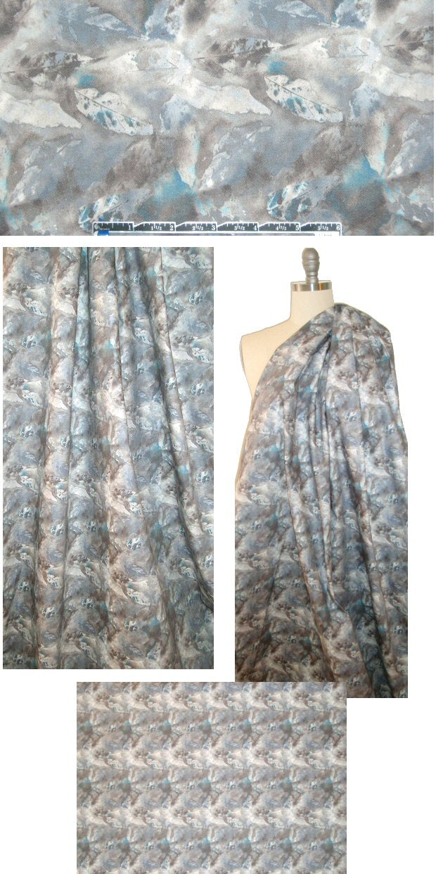 leaf print cotton blend stretch denim - teal/smoke 1.5 yds