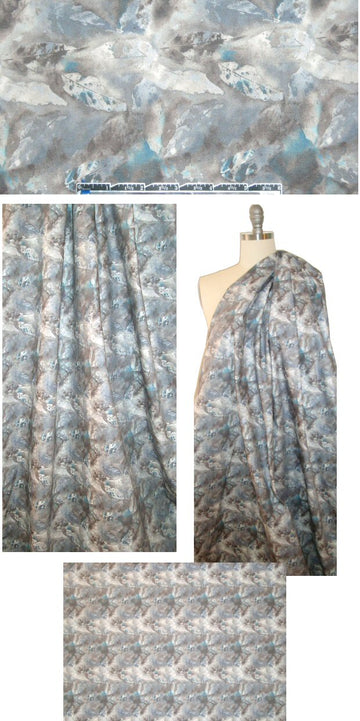 leaf print cotton blend stretch denim - teal/smoke 1.5 yds