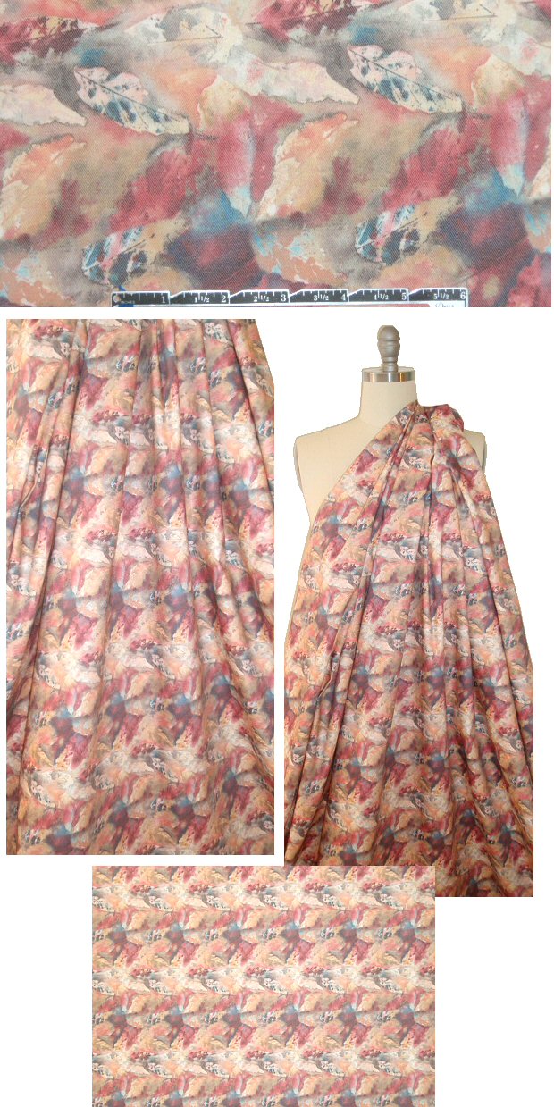 leaf print cotton blend stretch denim - rouge/peach .875 yds
