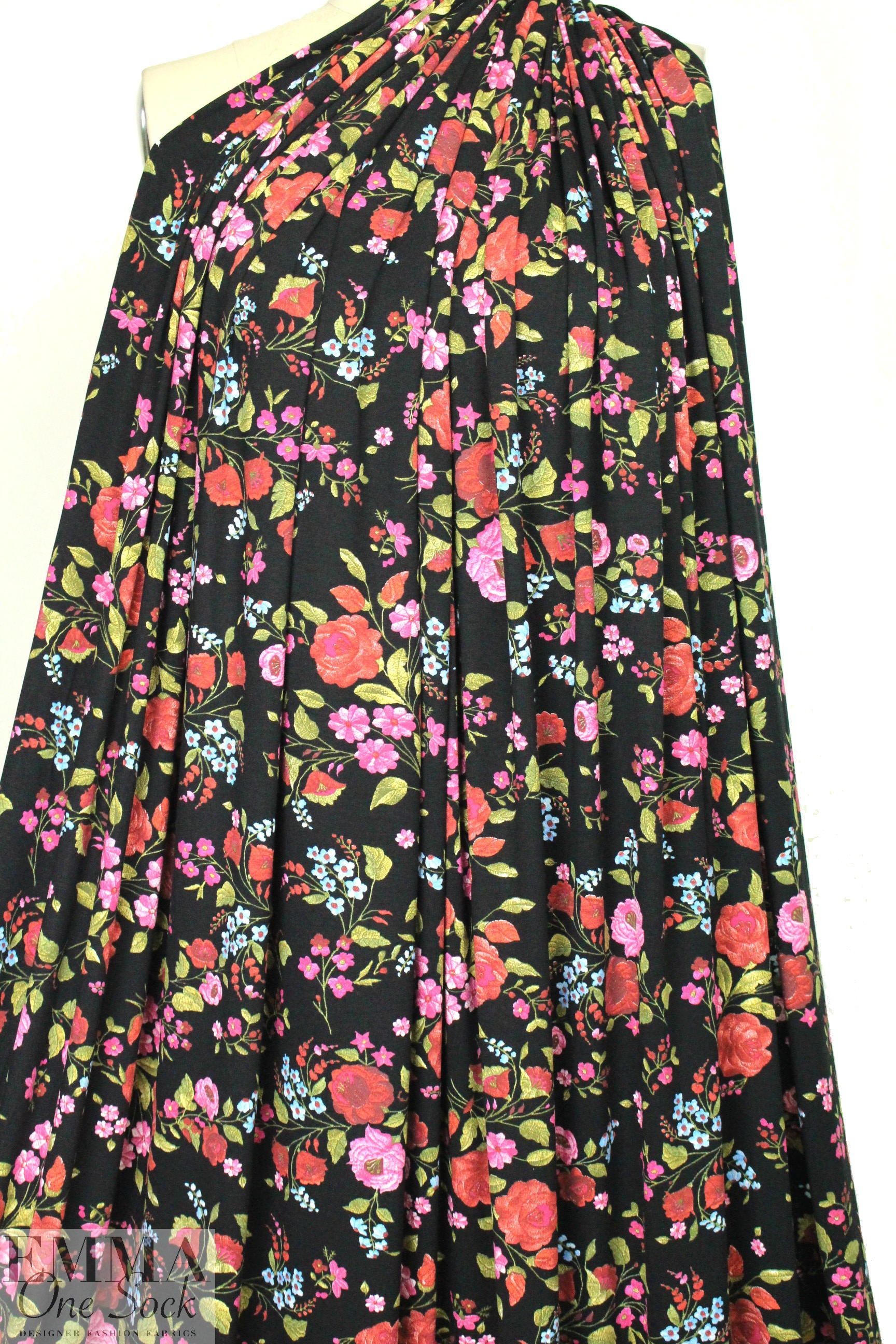 Italian digital viscose knit - botany on black 1.625 yd