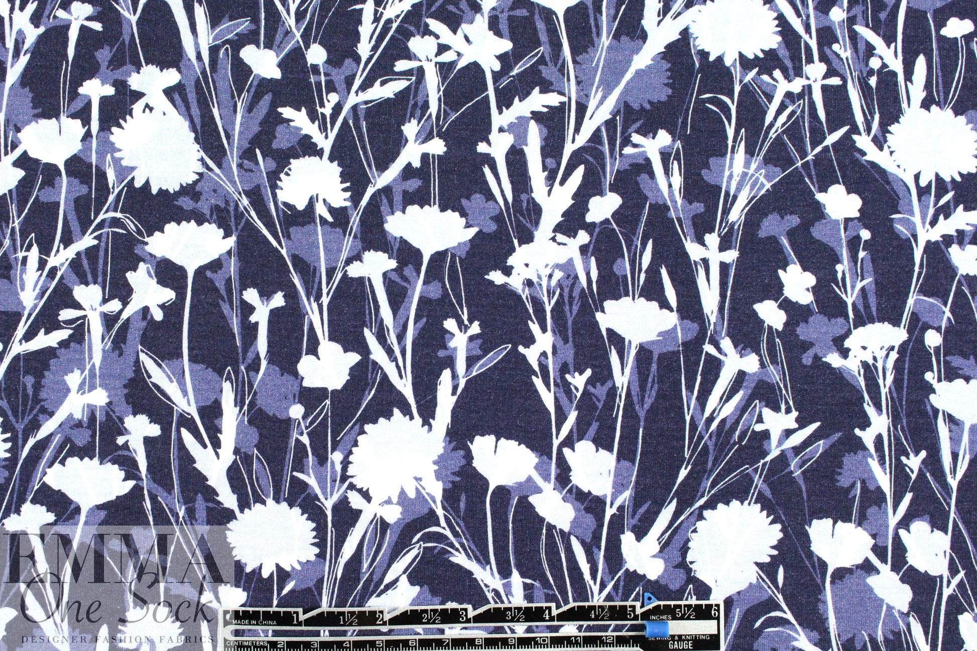 Italian digital viscose knit - denim floral silhouette