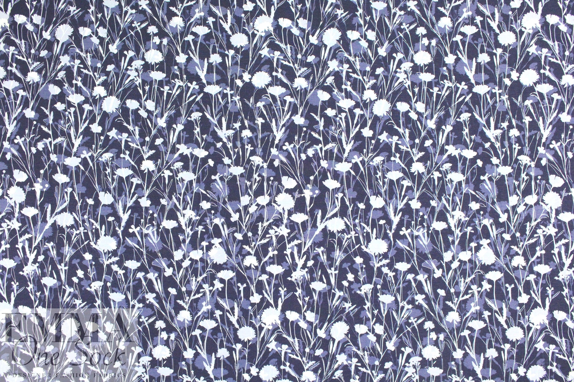 Italian digital viscose knit - denim floral silhouette