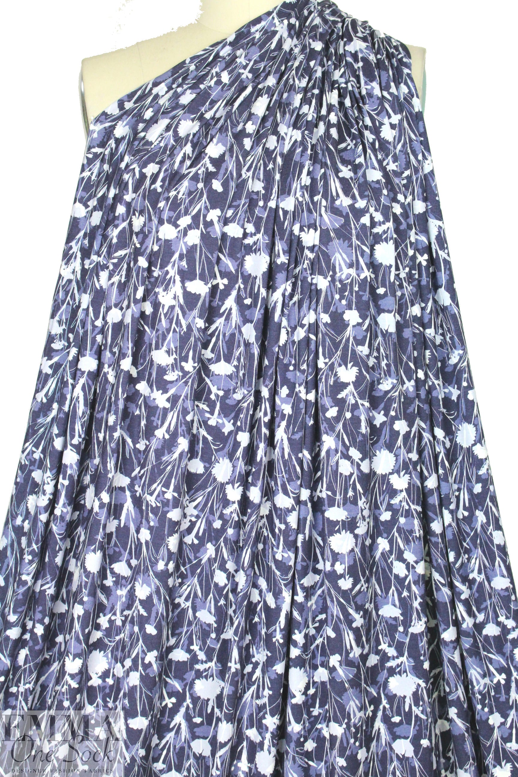 Italian digital viscose knit - denim floral silhouette