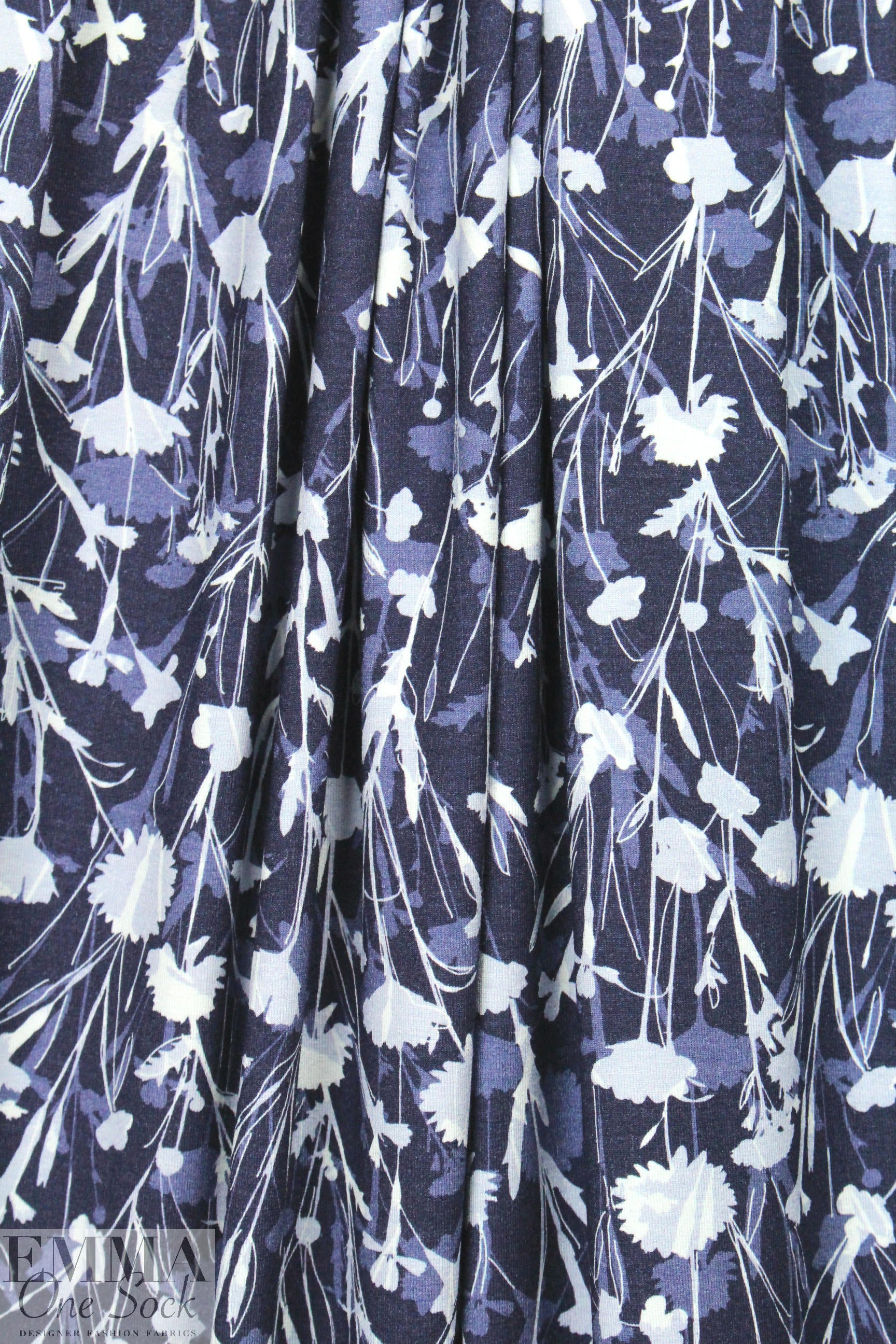 Italian digital viscose knit - denim floral silhouette