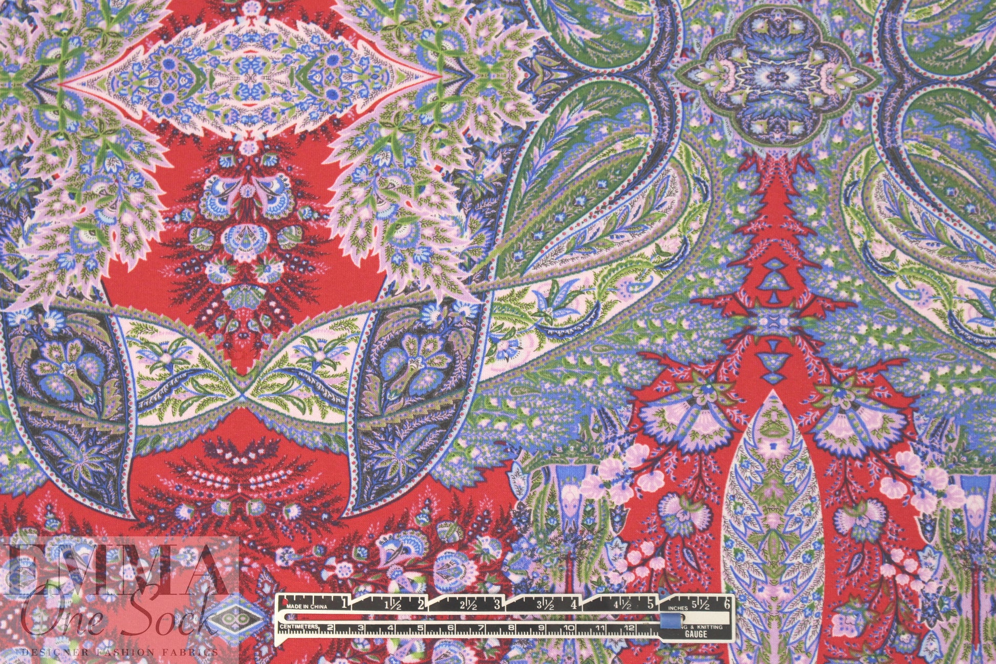 Italian digital viscose knit - blue/red paisley 1.5 yds