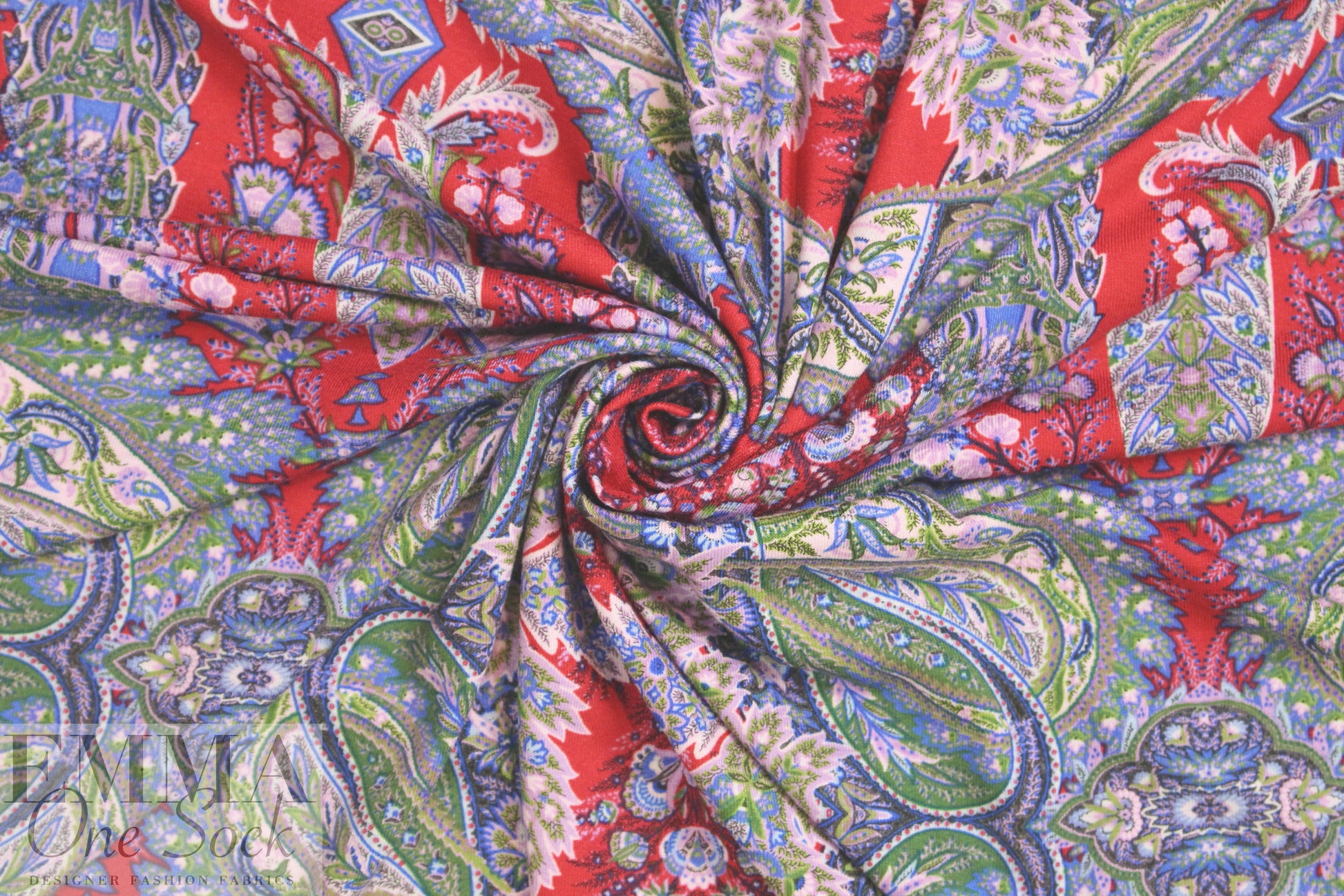 Italian digital viscose knit - blue/red paisley 1.66 yd