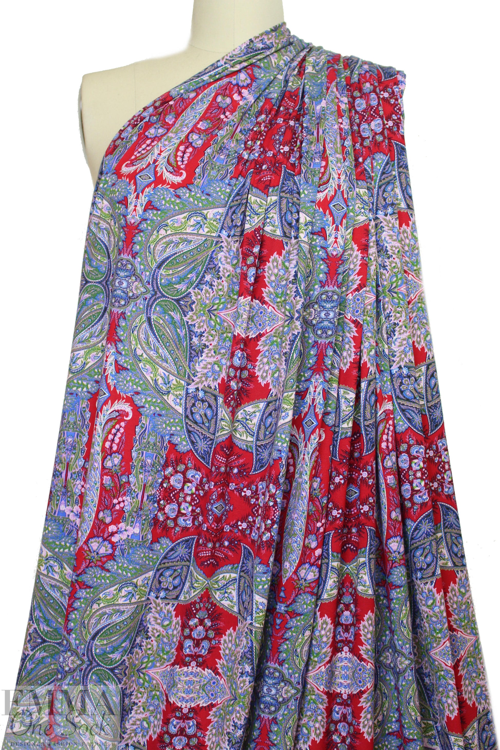 Italian digital viscose knit - blue/red paisley 1.5 yds