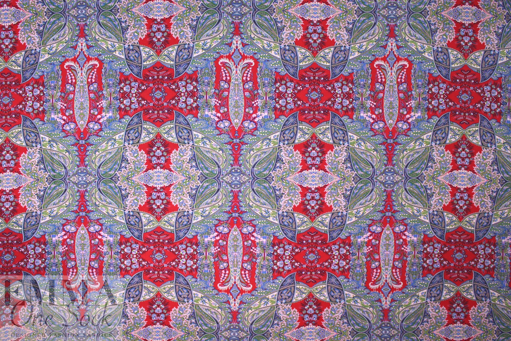 Italian digital viscose knit - blue/red paisley 1.5 yd