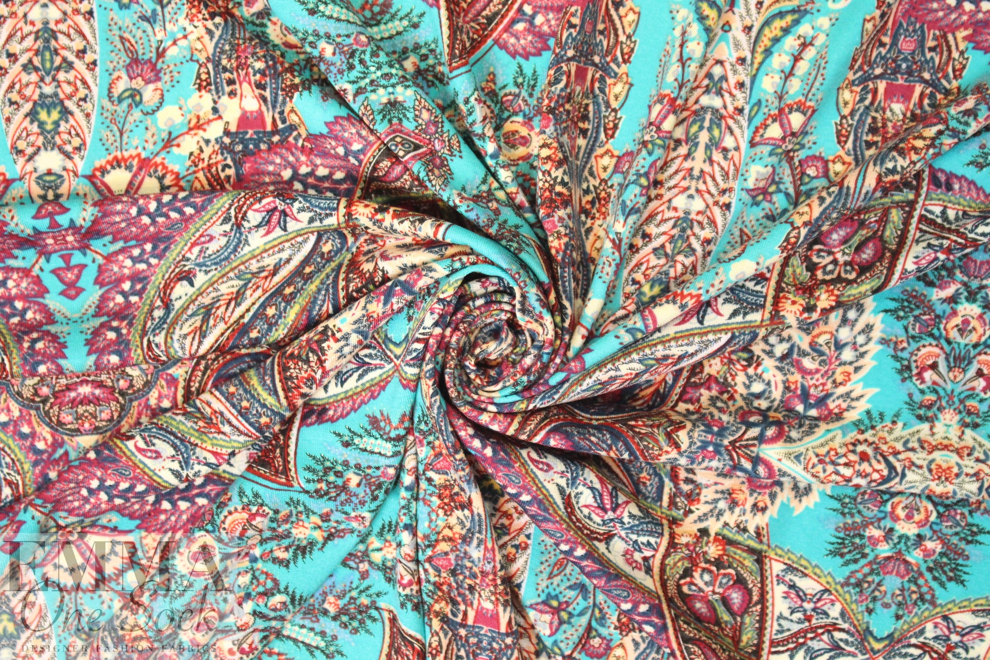 Italian digital viscose knit - turq/raspberry paisley