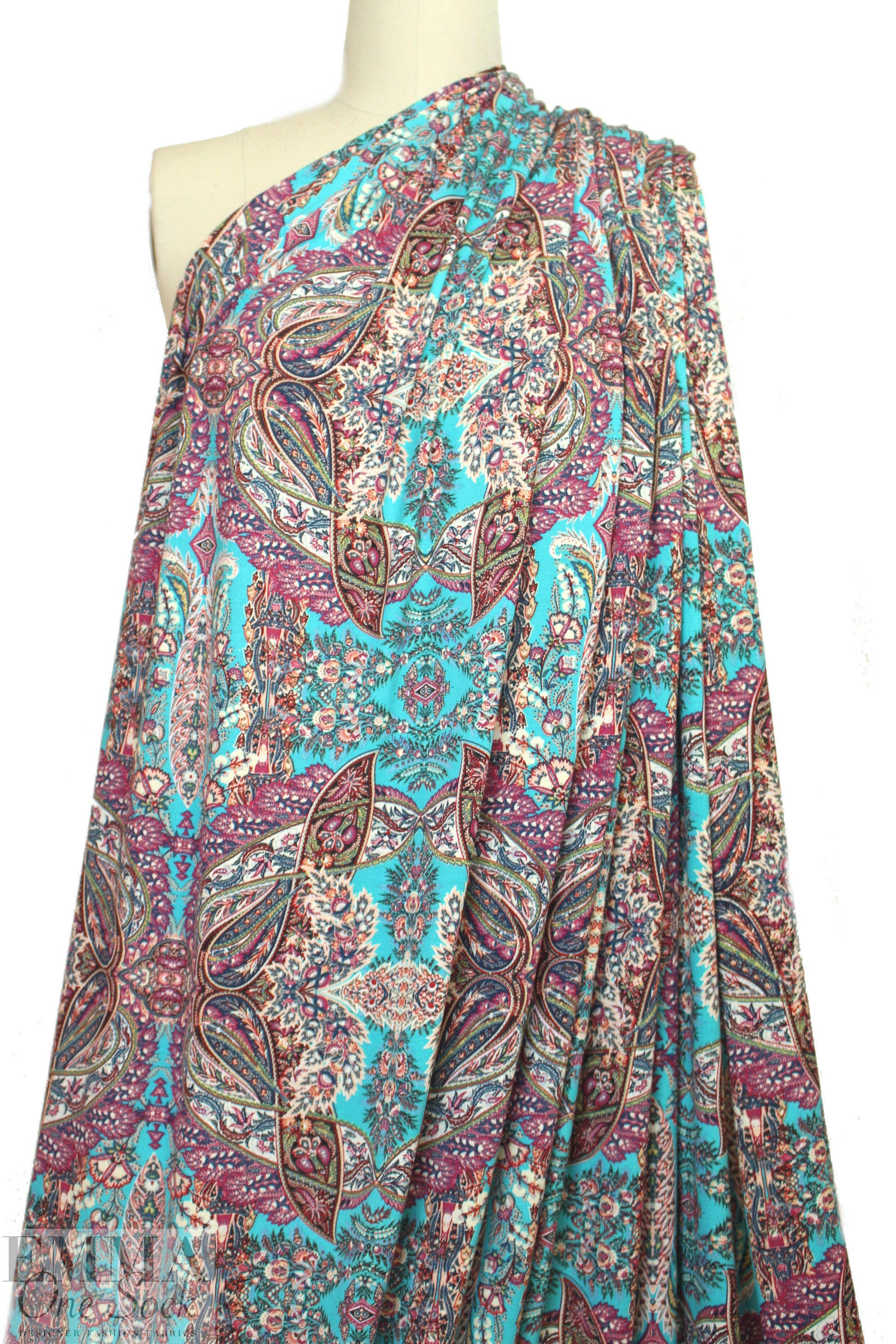 Italian digital viscose knit - turq/raspberry paisley