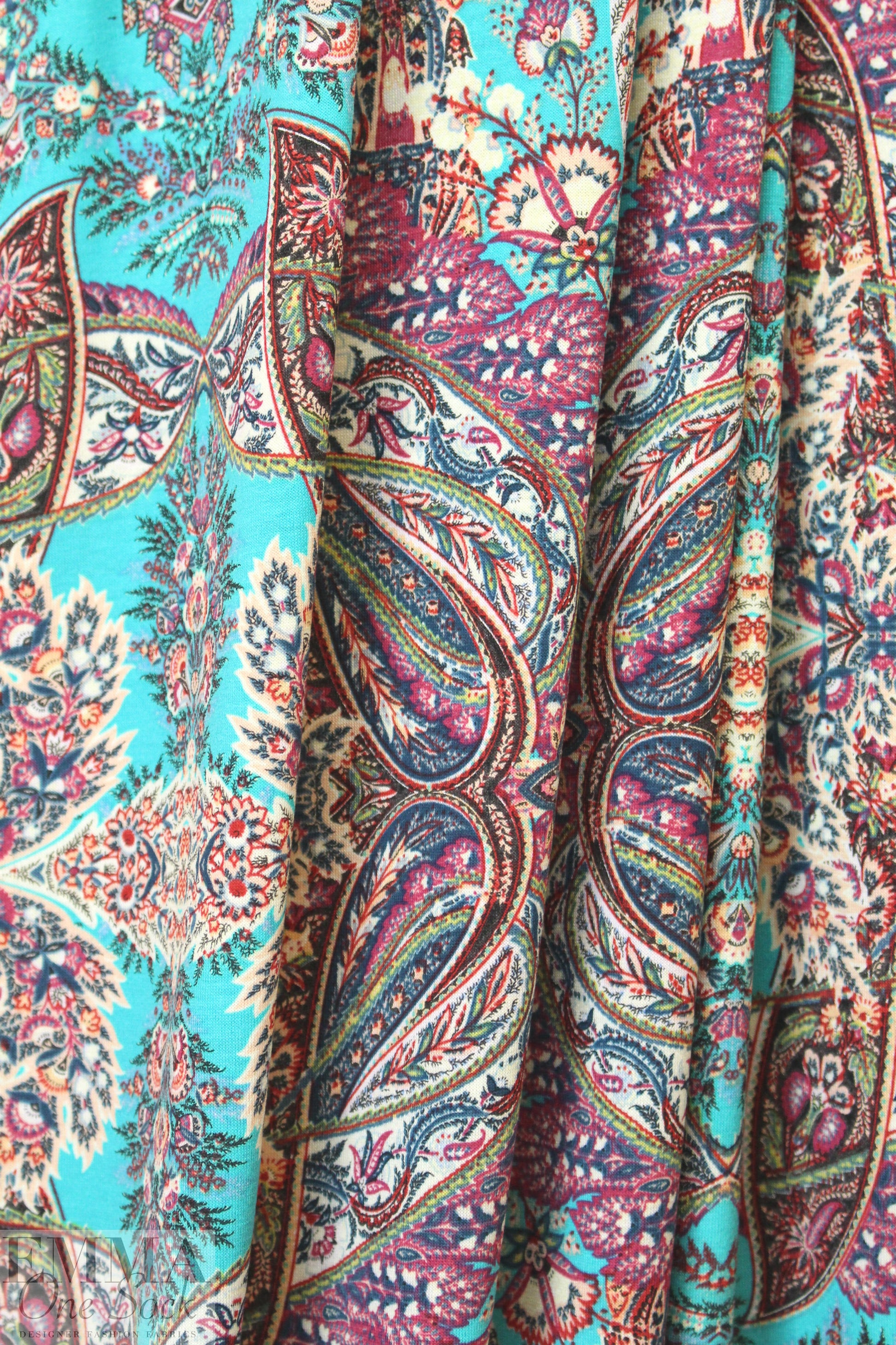 Italian digital viscose knit - turq/raspberry paisley