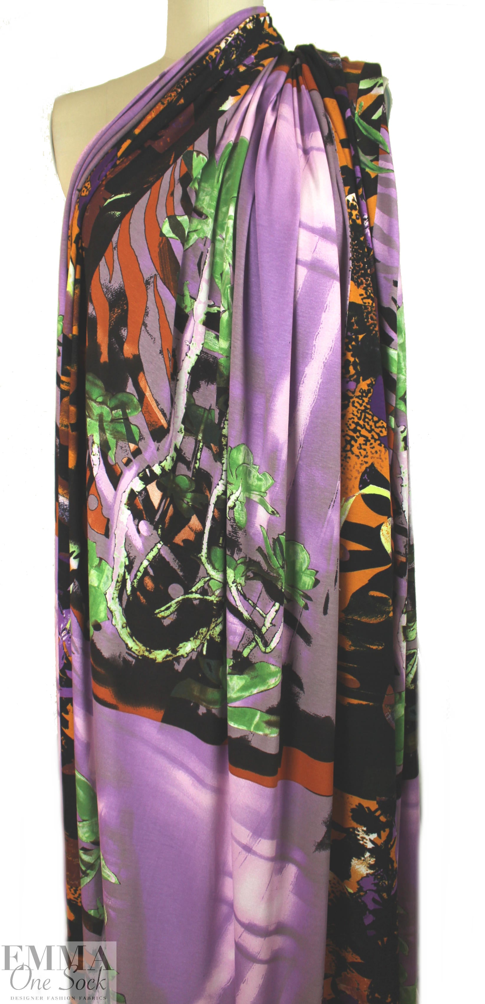 Italian digital viscose panel knit - orange/leaf/lilac 1.6 yd
