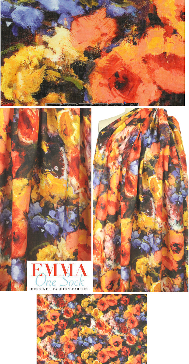 100% linen digital print - spice/indigo floral