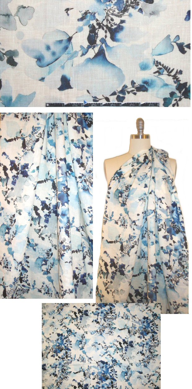 100% linen digital print - denimy blossoms, minor flaw, .95 yds