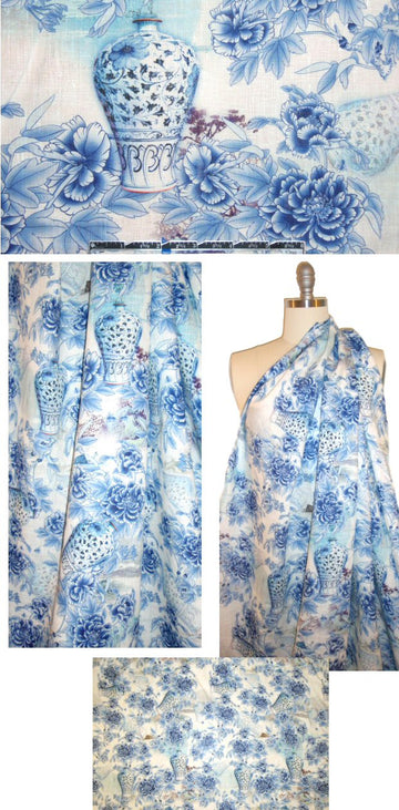 100% linen digital print - porcelain flowers 1.33 yd