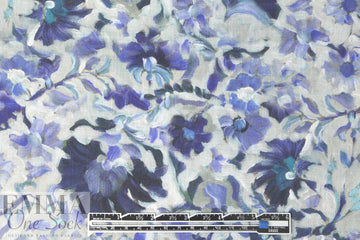 100% linen digital print - porcelain blue flowers