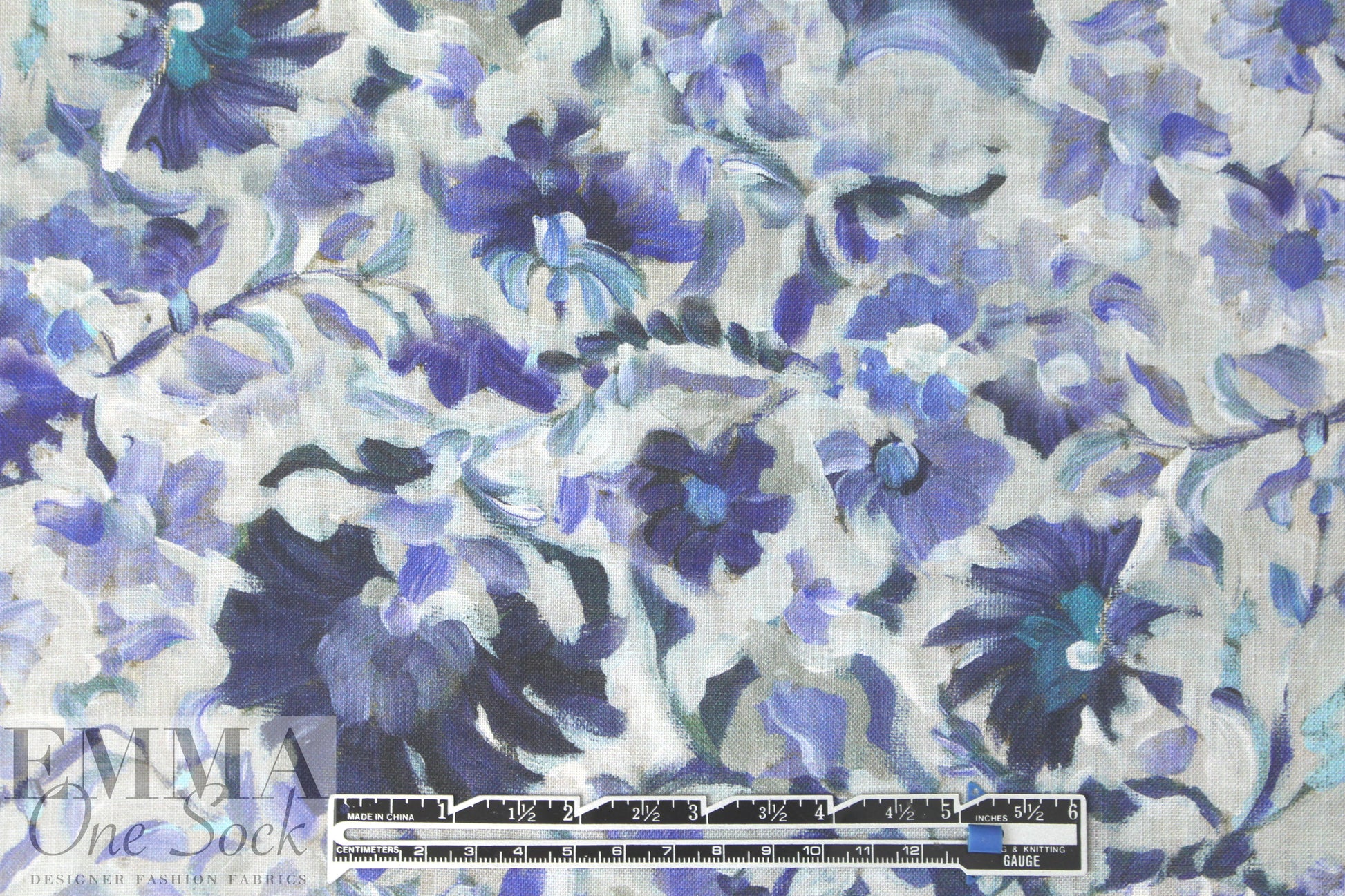 100% linen digital print - porcelain blue flowers 1 yard