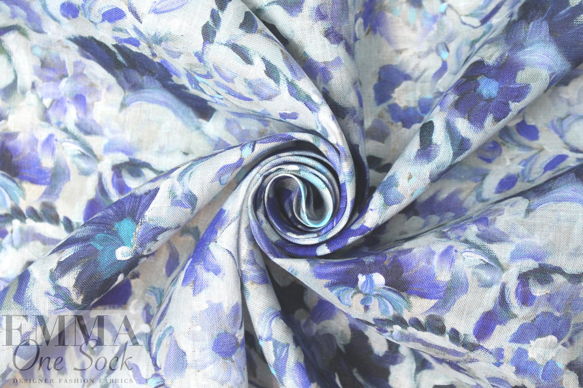 100% linen digital print - porcelain blue flowers