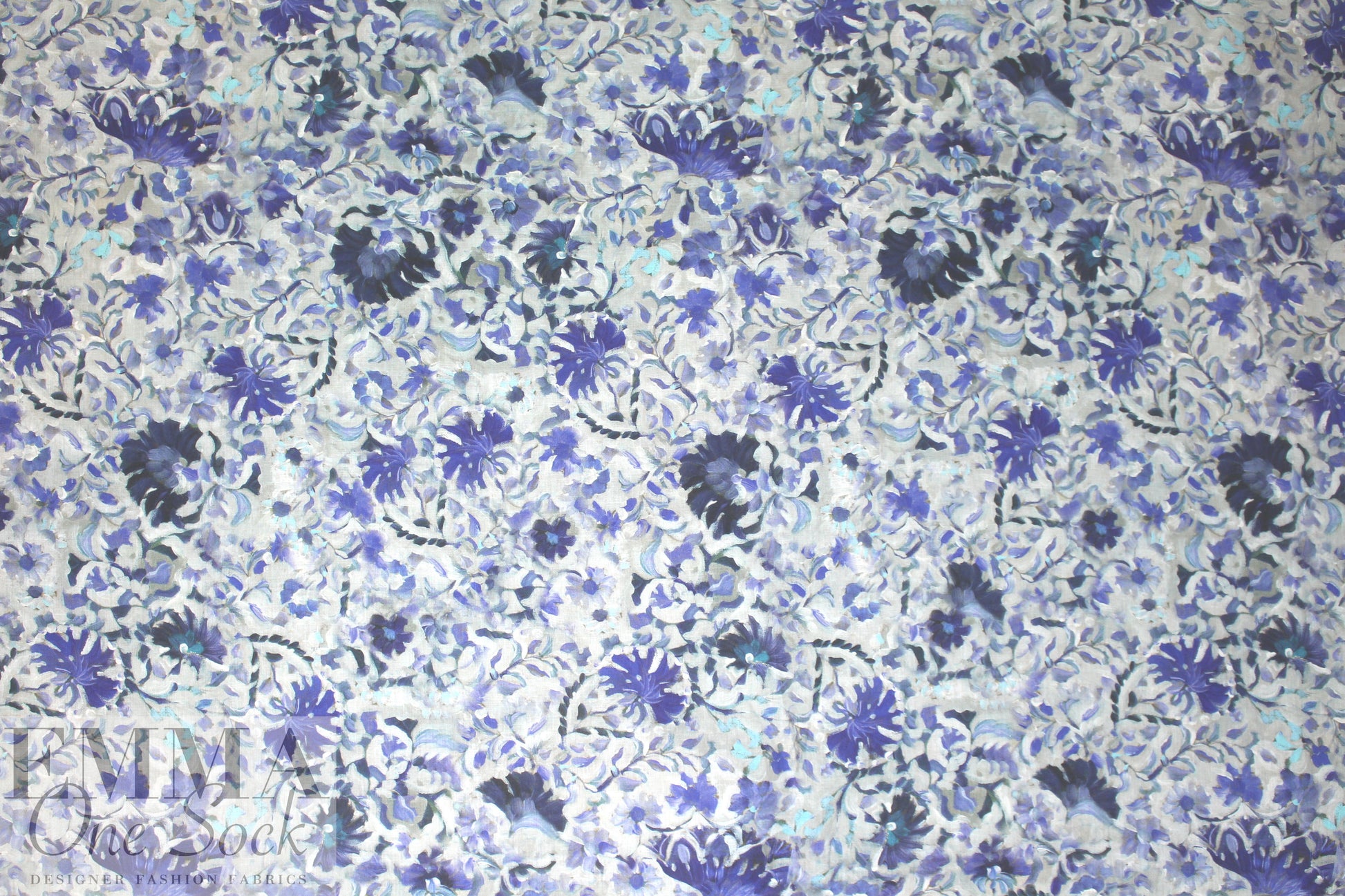100% linen digital print - porcelain blue flowers