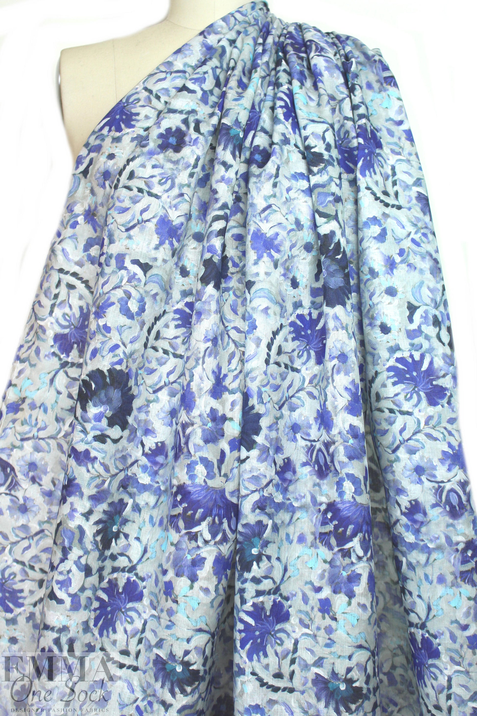 100% linen digital print - porcelain blue flowers