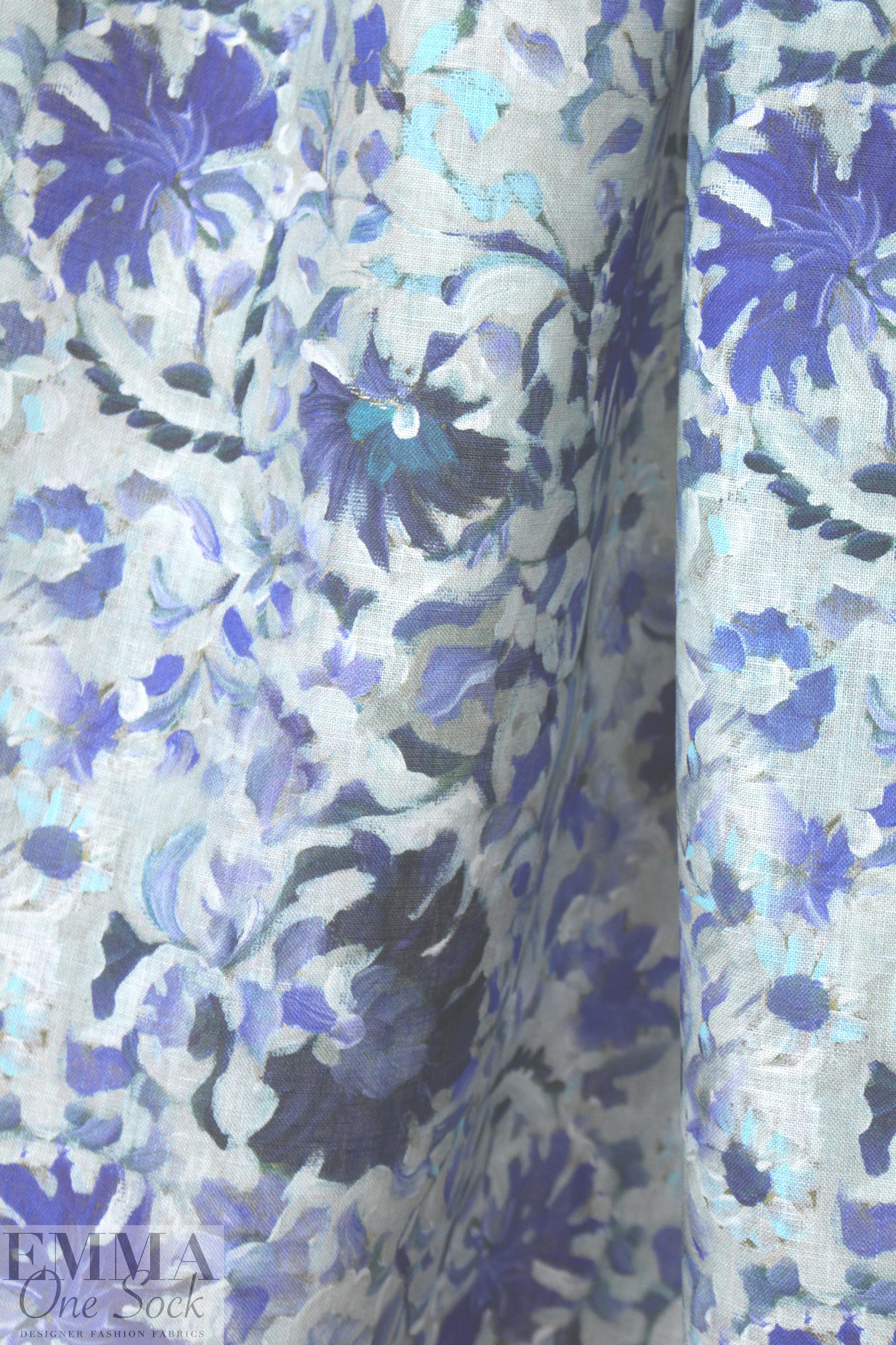 100% linen digital print - porcelain blue flowers