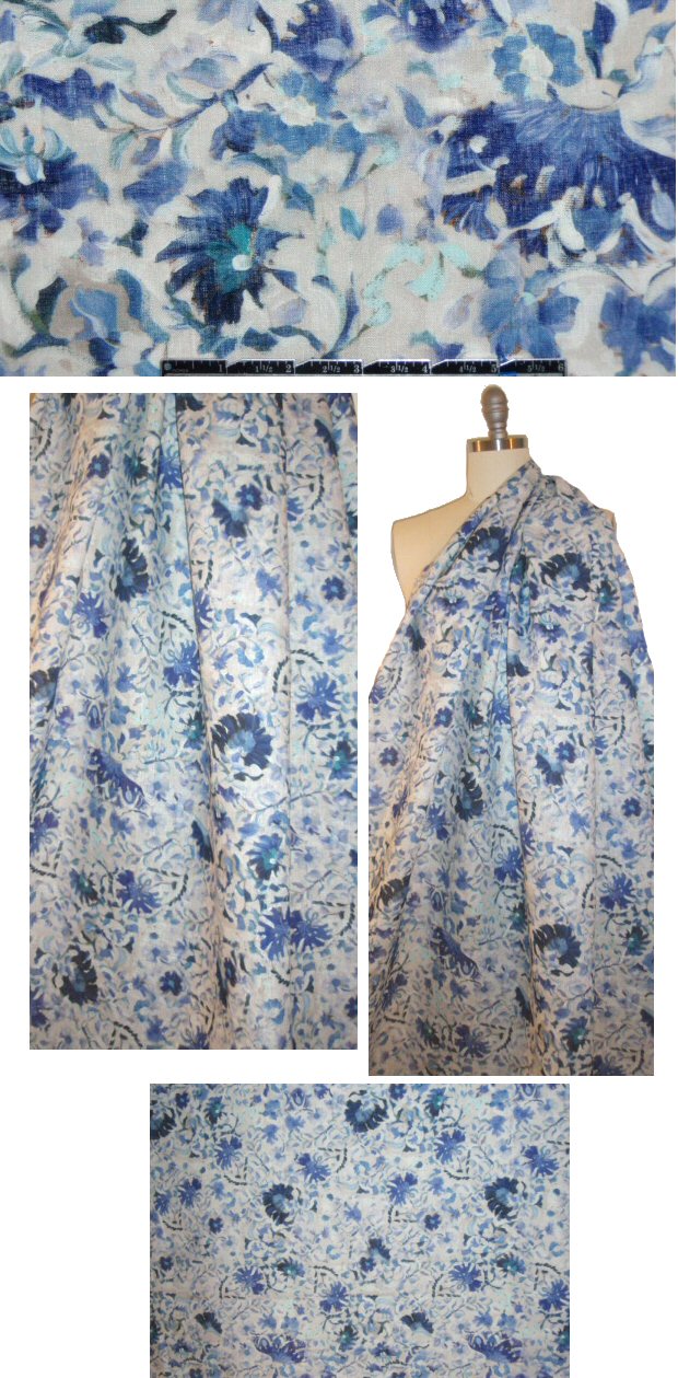 100% linen digital print - porcelain blue flowers 1.5 yds