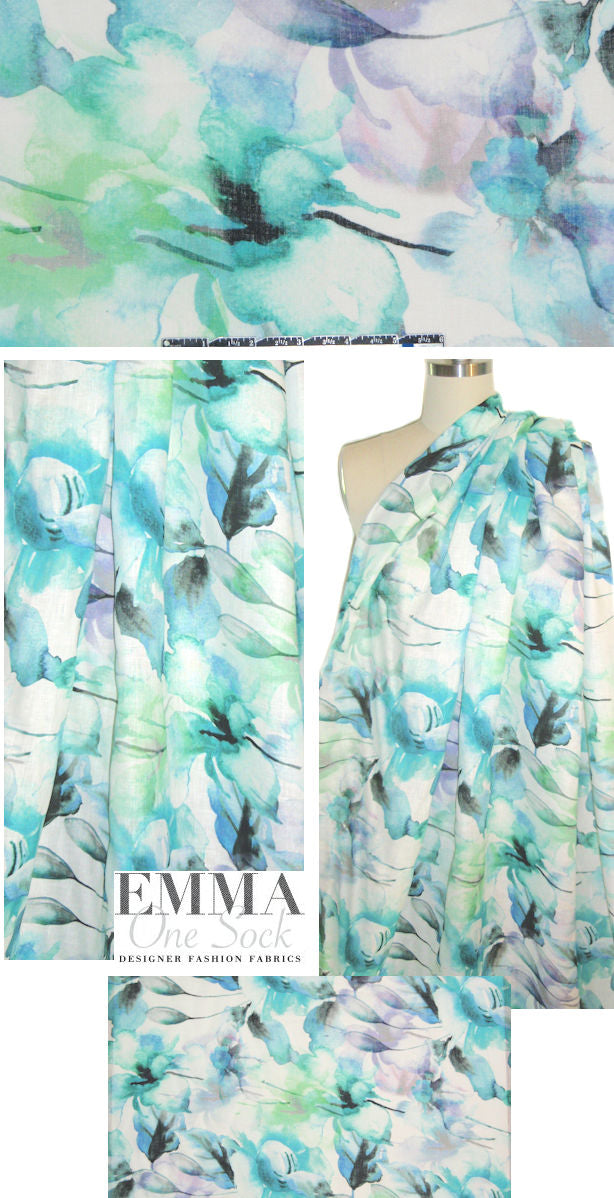 100% linen digital print - aquaflora 1.33 yd