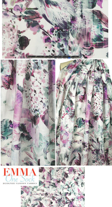 100% linen digital print - dusty teal/lilac 2.25 yd