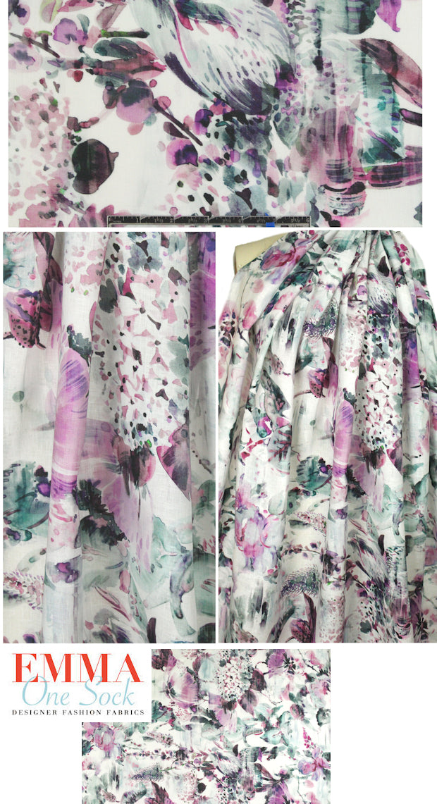 100% linen digital print - dusty teal/lilac 1.75 yd