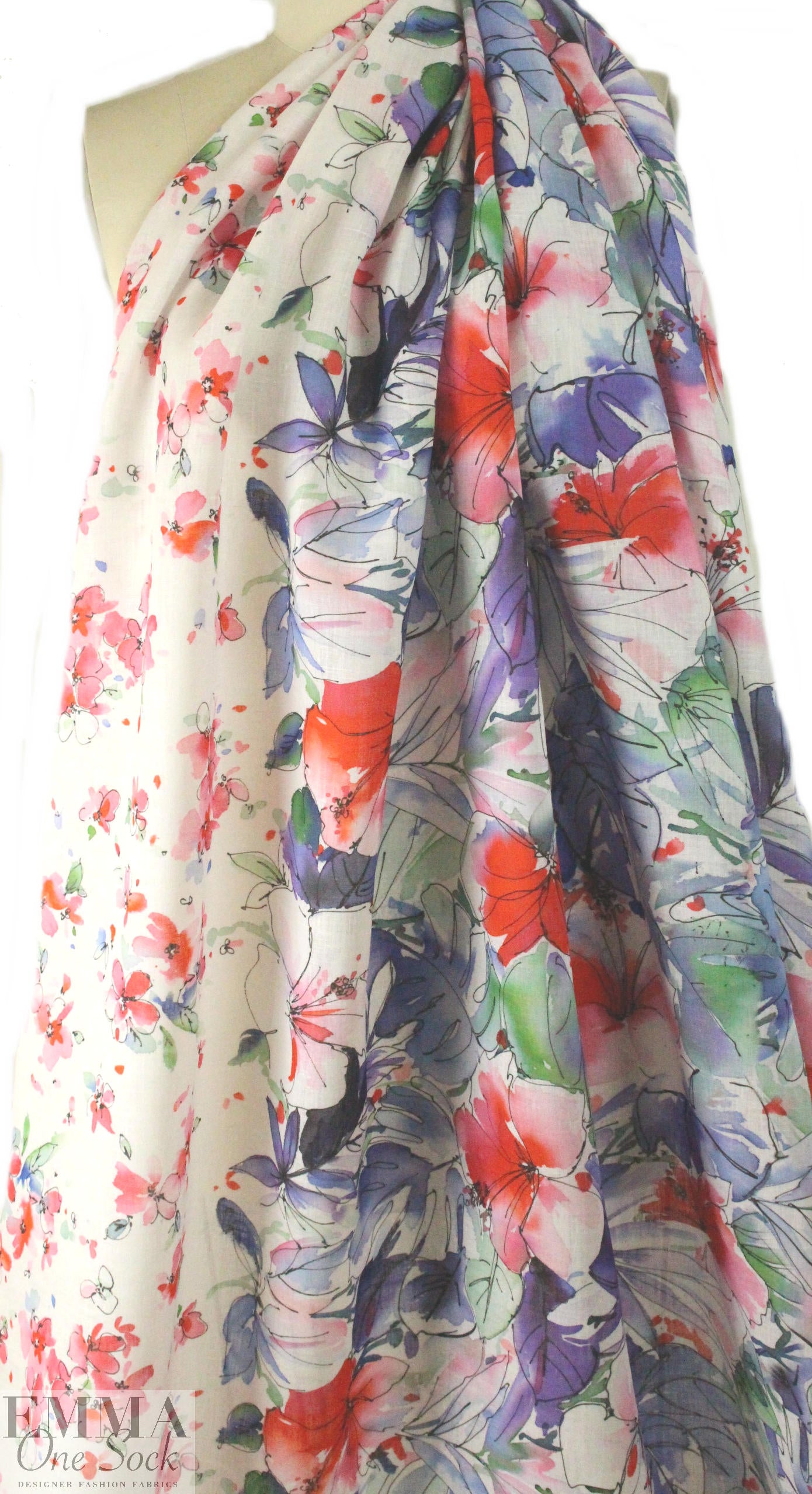 100% linen digital print - watercolor border floral 2.25 yd