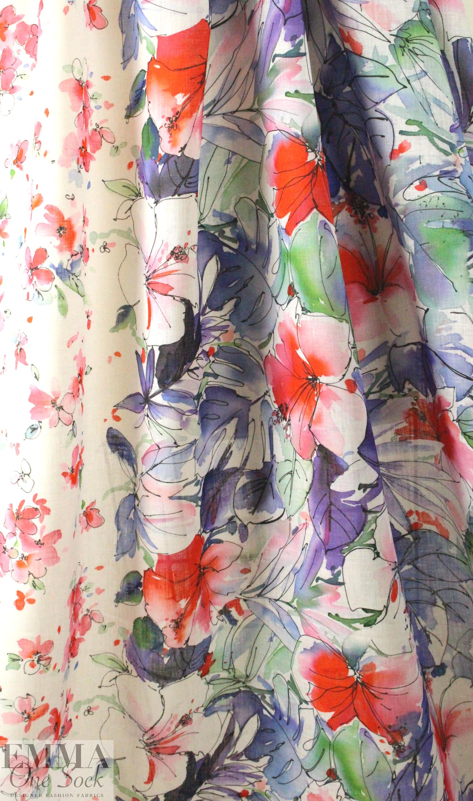 100% linen digital print - watercolor border floral 1.75 yd