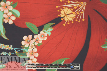 'red blossoms' linen-look digital print rayon woven .75 yds