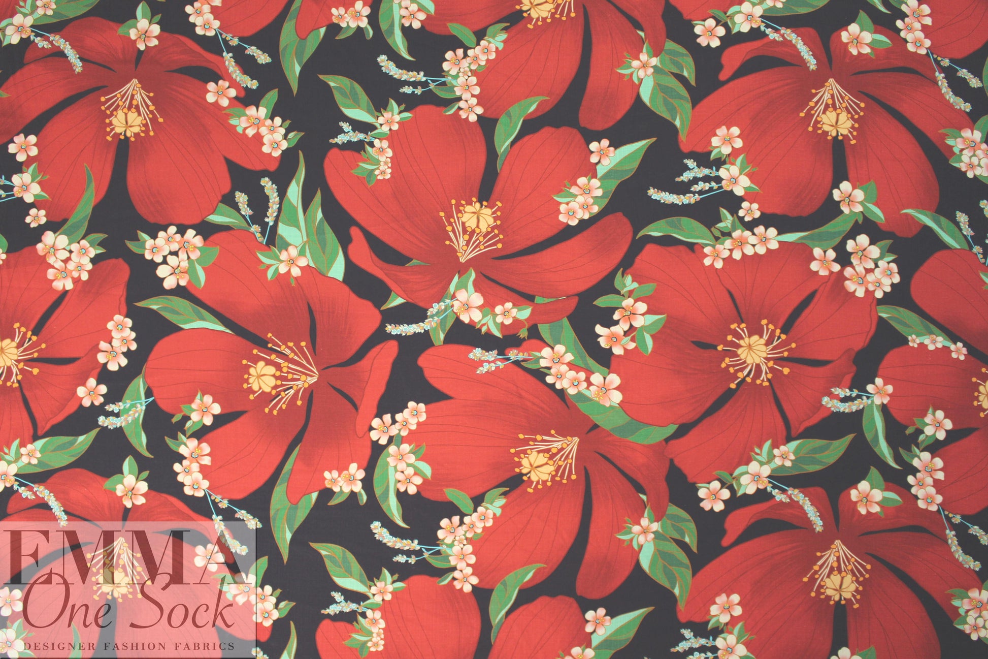 'red blossoms' linen-look digital print rayon woven