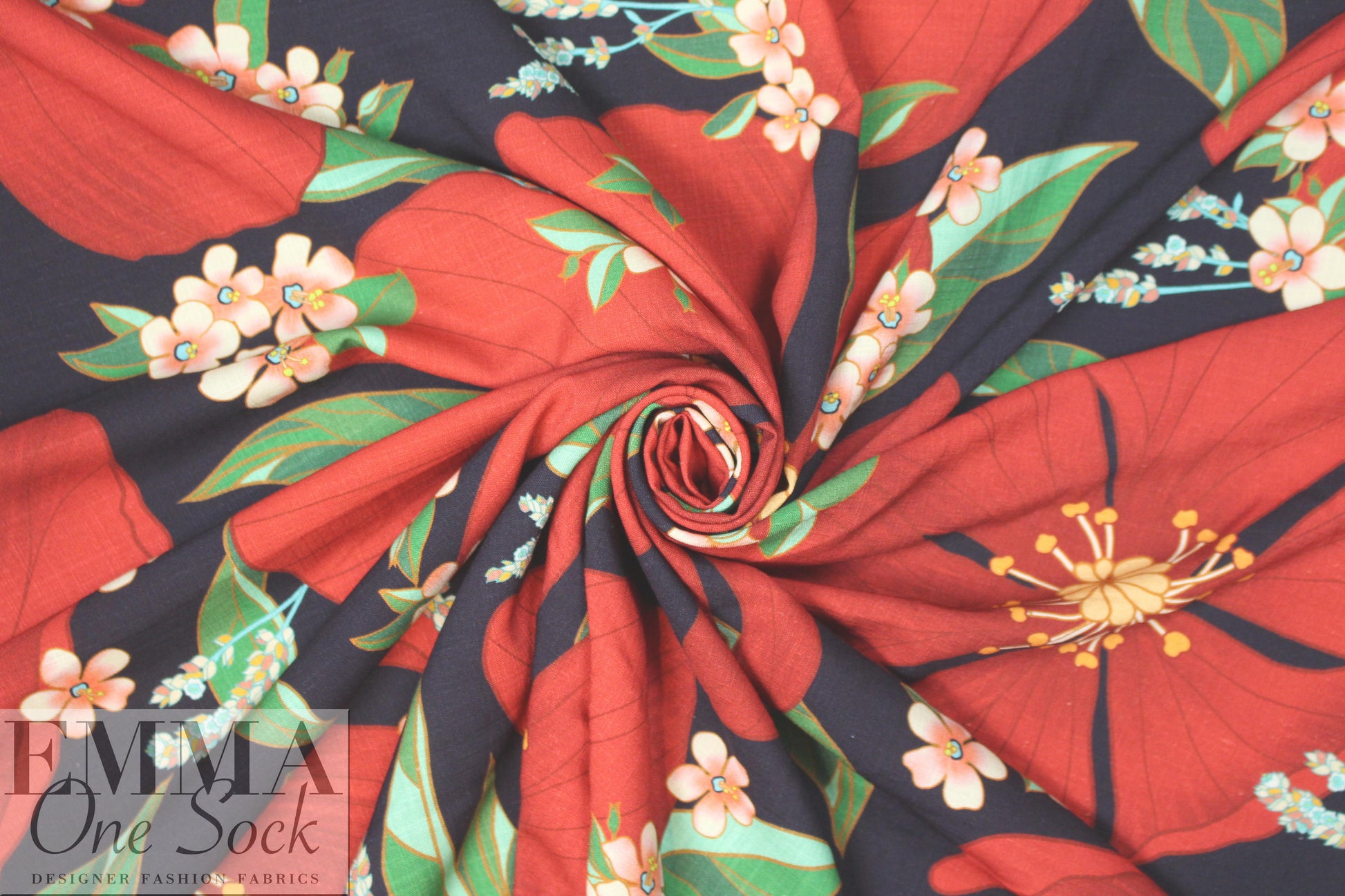 'red blossoms' linen-look digital print rayon woven 1.875 yds