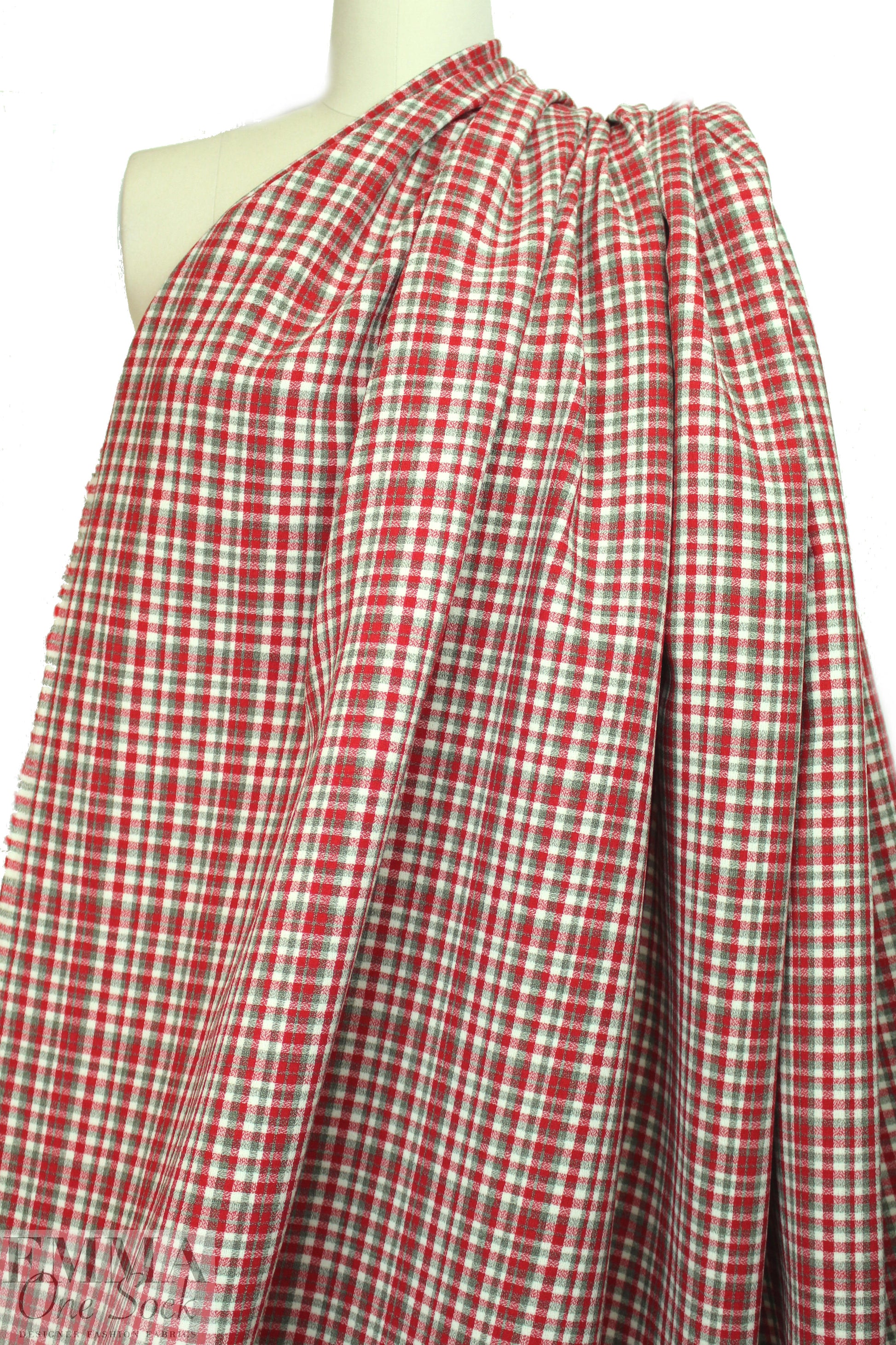 famous designer virgin wool doublecloth - red/loden check 3 yds