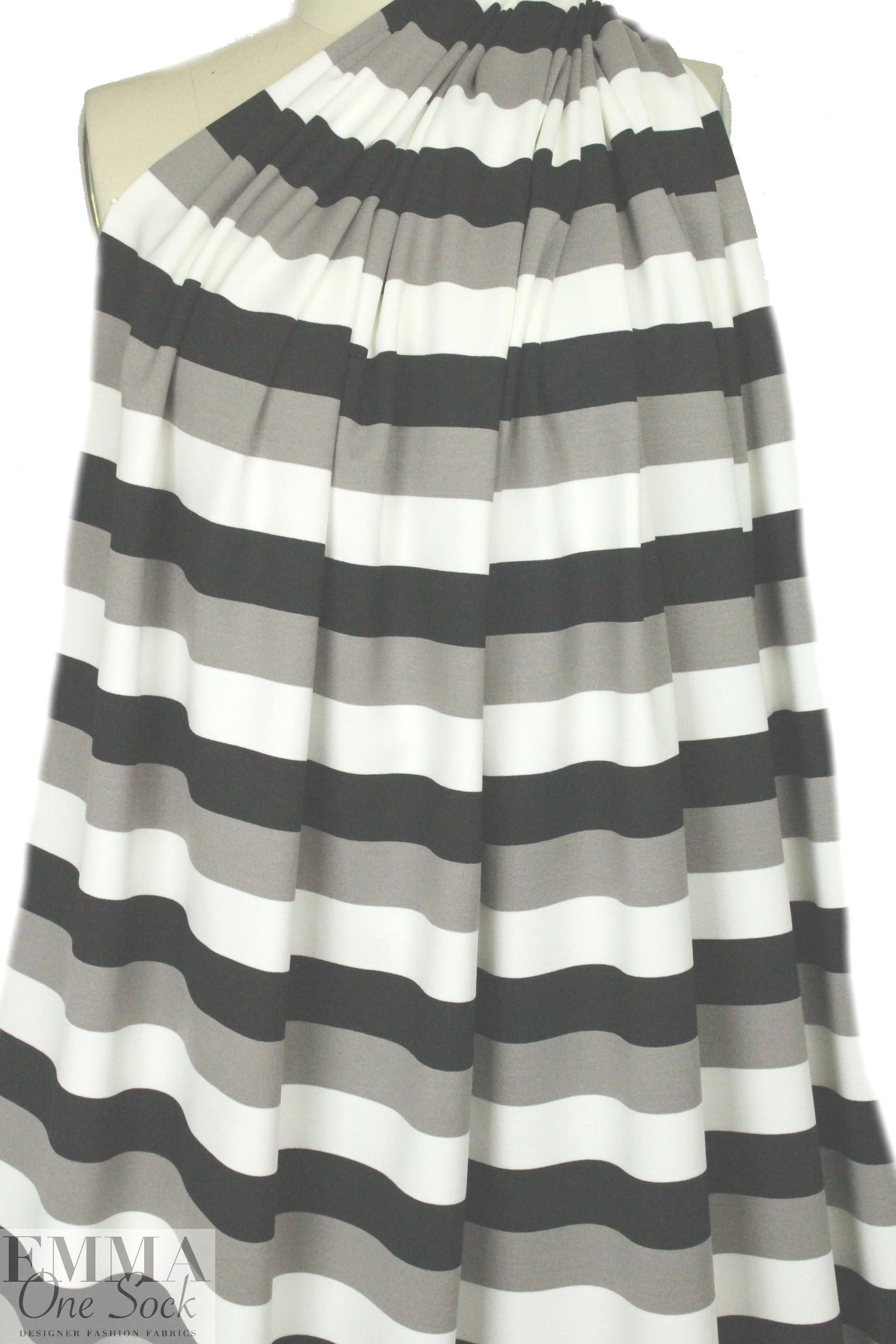 Italian black/white/taupey gray striped ponte knit