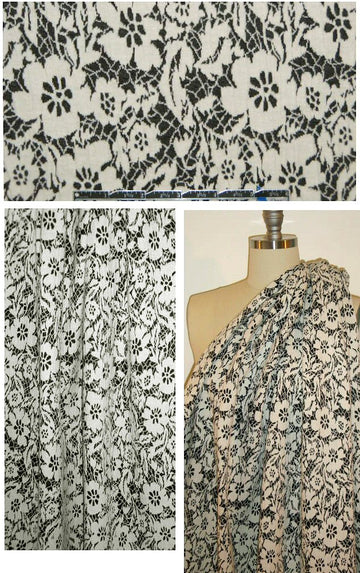 NY designer off black/ivory floral 2-ply knit 1 yard
