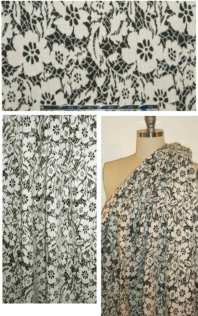 NY designer off black/ivory floral 2-ply knit 1 yard