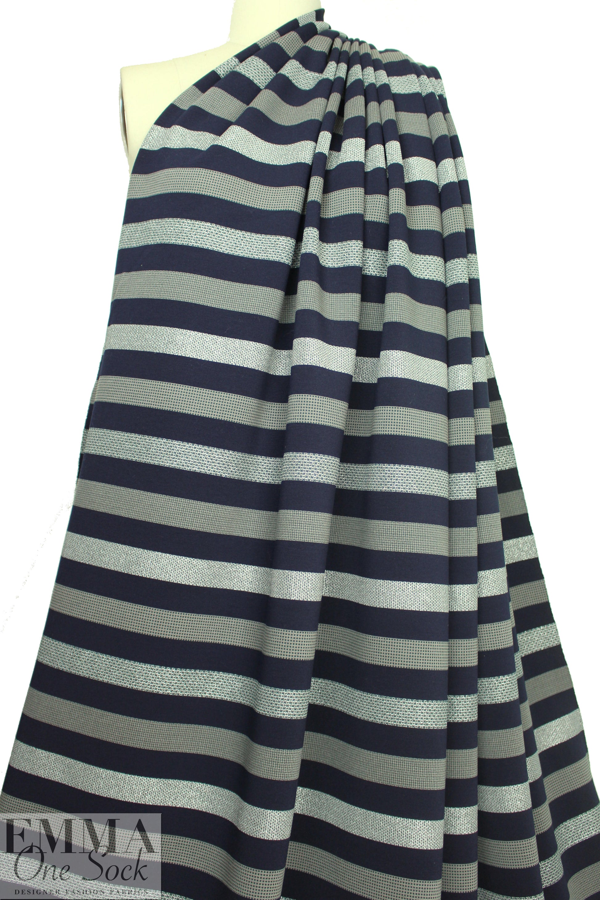 Italian stripe pattern 4-way stretch ponte - navy/taupe/silver