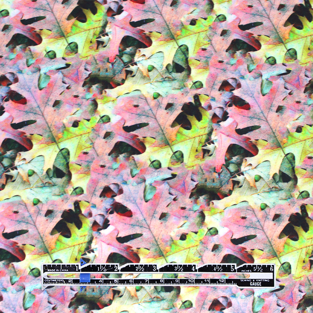 'oak leaf collage' viscose dressweight woven 1.75 yd