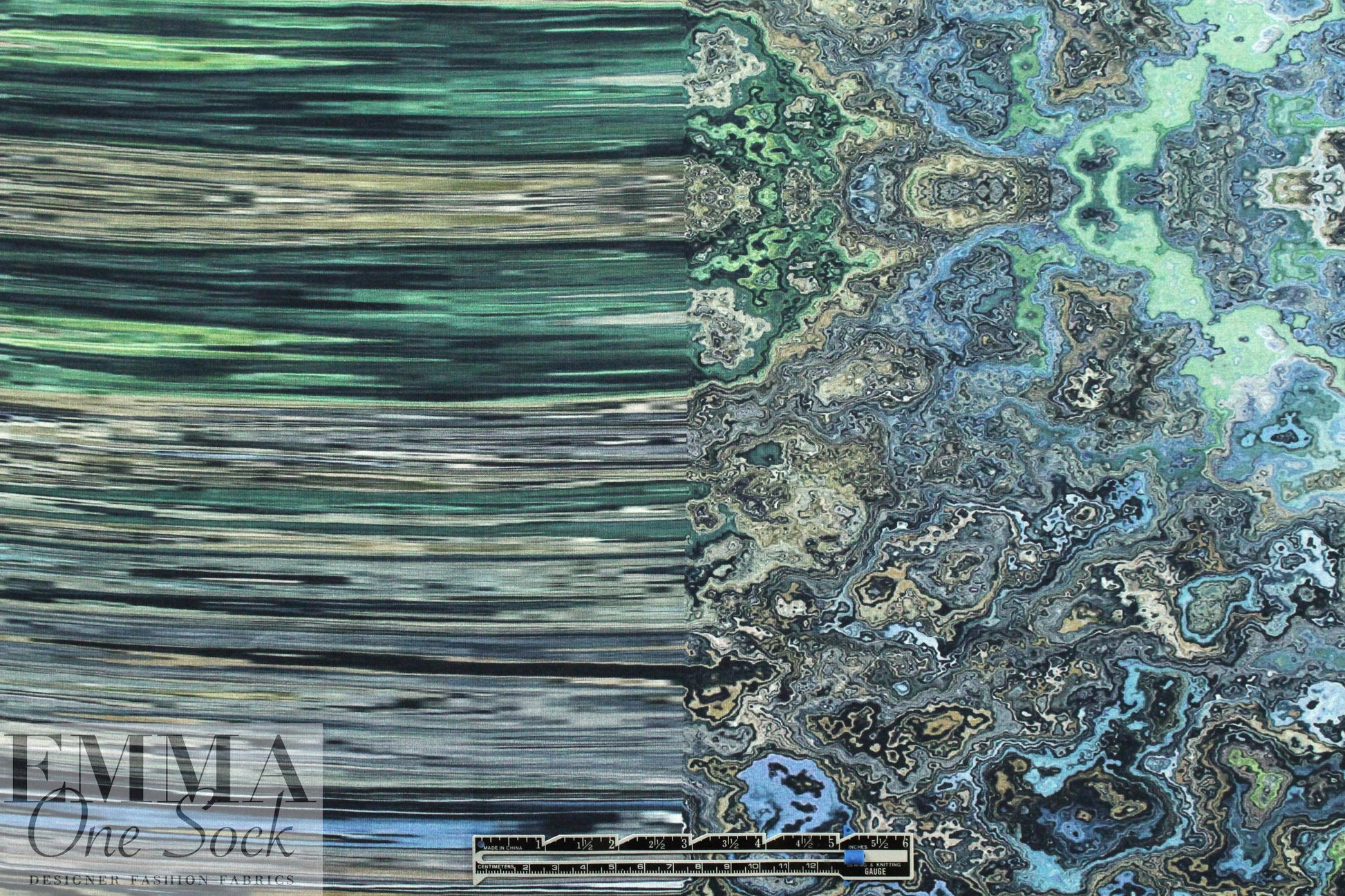 Dutch digital aqua fimo swirl cotton/lycra border knit  1.5 yds