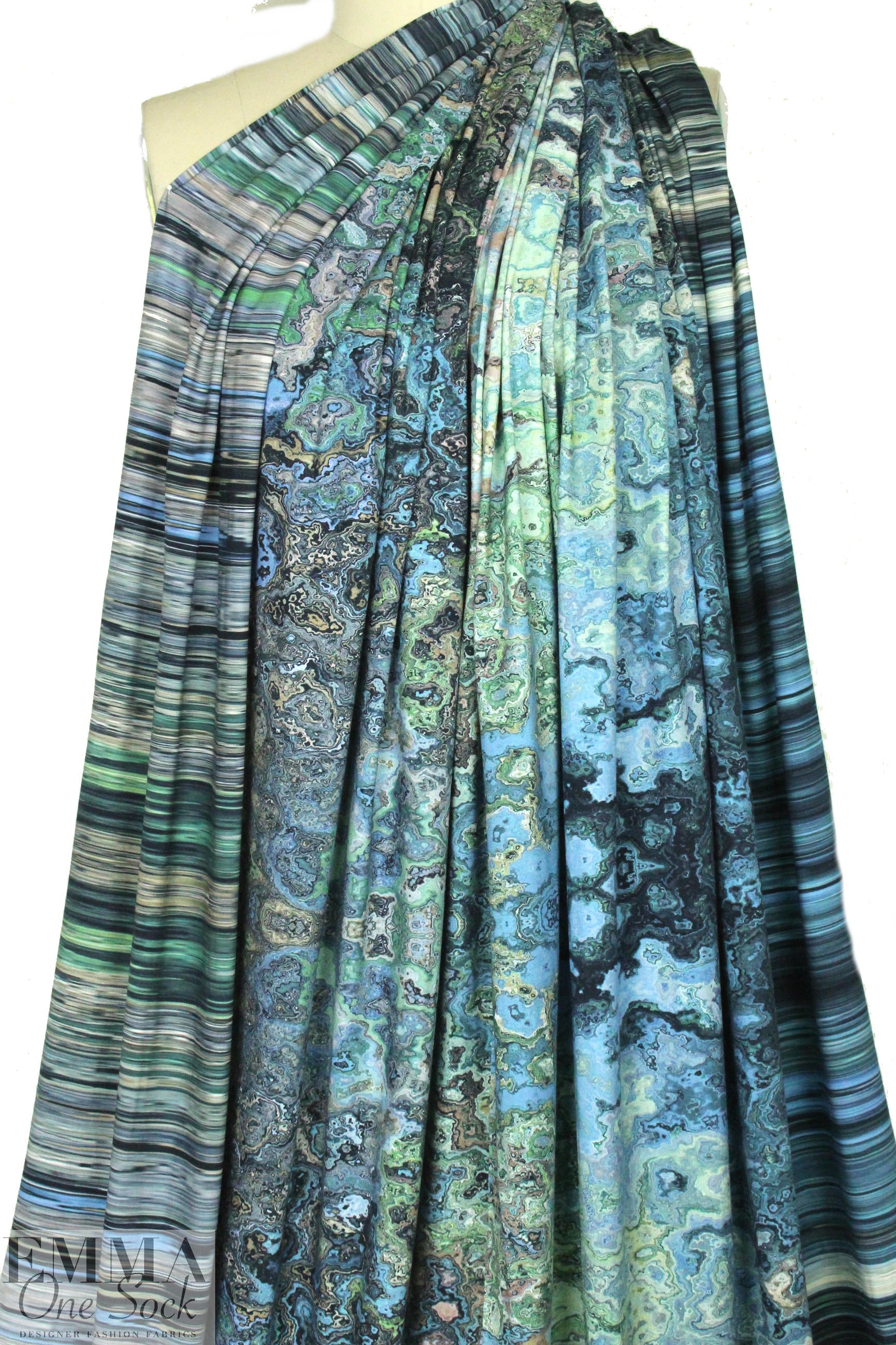 Dutch digital aqua fimo swirl cotton/lycra border knit  1.5 yds