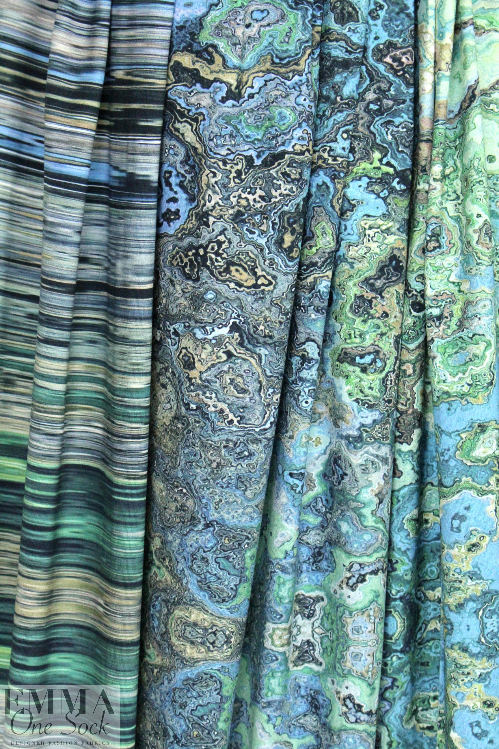 Dutch digital aqua fimo swirl cotton/lycra border knit  1.5 yds